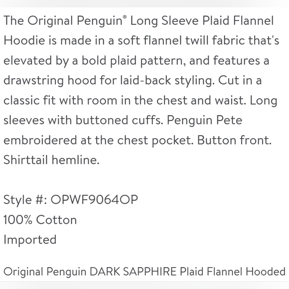 NWT Original Penguin "Plaid Flannel Hoodie Shirt" Dark Sapphire | Men's Size S - Picture 7 of 8